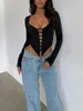 Mulheres camisetas Sexy Cut Out V Neck Crop Top Outono 2023 Moda Baixa Manga Longa Camisa Apertada Preta Para Roupas Femininas