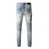 Mens Jeans High Street Fashion Men Retro Washed Blue Stretch Skinny Fit Ripped Leather Patched Designer Hip Hop Brand Pants 230925