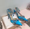 Mach Bow High Cote Ayakkabı Kadın Saten Cam Film Bayanlar Ziyafet Ayak Bileği Sargaları Yüksek Topuklu Sandaller Şeffaflık Kristal Ayakkabı Kutusu