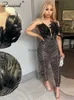 Women's Jumpsuits Rompers Znaiml Luxury Rhinestones Feathers Strapless Deep V-neck Mesh Black Jumpsuit for Women Birthday Party Nightclub Romper Overalls L230926