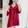 Mulheres Sleepwear Twinset Robe Set Mulheres Nightgown Loungewear Lace Bathrobe Vestido Nightdress Sleep Suit Verão Senhora Cetim Kimono Homewear