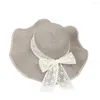 女性のためのワイドブリム帽子刺繍花パターンリボンボウノット装飾日帽子丸いドーム薄い大きなフロッピーストロー夏