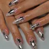 False Nails Silver Shining Stars Oval Y2k Press On Long Almond Fashion Nail Tips Wearable With Rhinestones Designs Fake Art