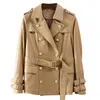 Damen Leder Echte Schaffell Blazer Jacken Frauen Vintage Zweireiher Schwarz Khaki Echte Jacke Mantel Weibliche Plus Größe