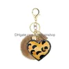 Keychains Lanyards Creative Tassel Heart Pompom Keychain Small Gift Rhinestone Leopard Print Flanell Unique Pu Leather Love Style Imit Dhihs