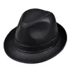 Breda brim hattar mode äkta läder gentleman fedora hatt män höst vinter solid svart vintage pappa chapeau cowhide cap panama jazz269e