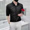 Herrklänningskjortor 2023 Hög kvalitet för män spetsar ihåliga skjortor/manlig smal fit lapel casual business sexig långärmad skjortor plus size s-4xl yq230926