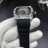 Montre-bracelet tendance pour hommes, style Hip Hop, avec boîtier en diamant, grande lunette en diamant, bracelet en caoutchouc noir, automatique et mécanique, W299k