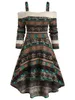 캐주얼 드레스 긴 소매 스웨터 민족 스타일 딥 헴 퍼지 니트 냉담한 숄더 부족 인쇄 높은 낮은 무릎 길이 크리스마스 드레스