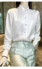 Etniska kläder 2023 Kinesisk stil Bambu Bird White Oriental Lady Top Autumn Standing Collar Han Vintage Shirt Tang Suit Satin
