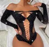 Set sexy Calza corpo sexy Body a rete Manica lunga Diamanti in cristallo Abito con strass Bodystocking Lingerie 230808