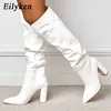 Mode Wit Zwart Vrouwen Knie Hoge Laarzen Sexy Puntschoen Vierkante Hakken Dames Lange Slip Op Vrouwelijke Schoenen 230922