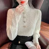 Kvinnors blusar Autumn Winter 2023 Women Blue Turtleneck Lace Pullover Topps Korean Bottom Shirt Fashion Cloth Chic Blusas 17708