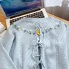 Женские свитера Korejepo 2023, весенний корейский топ для уменьшенного возраста с крючком и цветочным узором на шнуровке, дизайнерские пальто, кардиган с длинными рукавами, вязаный женский свитер