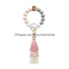 Key Rings Silica Gel Bead Ring Party Favor Female Food Grade Sile Bracelet Keyring Tassel Elastic Rope Beaded Hand String Keychain Pen Dhjoy