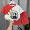 Vêtements ethniques Kawaii Kaki Rouge Col rond Boutons faits à la main Panda Imprimer Tang Costume Tops Pantalons Garçons Costumes chinois d'été pour