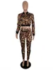 Leopard tryck två stycken byxor Kvinnor Casual Zip Cross Top och Legging Set Tracksuits Free Ship