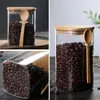 Boîte à grains de café, pot carré avec cuillère, pot en verre à haute teneur en borosilicate avec couvercle en bambou, récipient de stockage des aliments scellé, boîte d'assaisonnement de cuisine