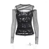 Women's T Shirts Goth Dark Frayed Mall Gothic Hollow Out T-shirts Grunge Punk Fishnet Patchwork Women Blouses Sexy Long Sleeve Alt