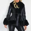 Kadın Ceketleri Açık Dikiş Kemer Cepleri Uzun Kollu Ceket Ceket Kadınlar Sonbahar Kış Peluş Trim Sahte Deri dış giyim Manteau Femme Abrigo 230926