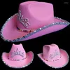 Berets Shinning Rhinestone Crown Fedora Hat For Women Men Western Style Cowboy With Sequins Brim Jazz Felt Cap