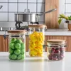 Tarro de clip de acero inoxidable con tapa de bambú, recipiente de vidrio con alto contenido de borosilicato, recipiente sellado para almacenamiento de alimentos, lata de condimentos de cocina, especias para bocadillos de grano de café espagueti