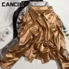 Women's Blouses Shirts 2023 Silk Office Fashion Pleated Split Zipper Blouse Shiny Solid Color Korean Style Puff Sleeve Women 230925