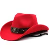 Basker breda brimhatt kvinnor västerländsk cowboy hatt för män gentleman panama jazz fedora hatt med läder cloche kyrka sombrero dropp 230926
