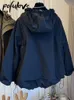 Womens Wool Blends Drawstring Trench Coat Loose Splices Spring Jacket Streetwear Solid Color Windbreaker Hooded Female 230925
