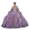 Фиолетовое бальное платье Quinceanera платья с цветочной кружевной аппликацией платья для выпускного вечера блестящее сладкое платье для дня рождения для девочек 15-16 лет