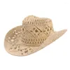Berets YOSE Handstricken Western Cowboy Cowgirl Hut Stroh Sommer Damen Sonne aushöhlen Beige Frauen Männer Unisex Sonnenhut