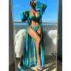 Damen-Badebekleidung 2023 3er-Pack mit Kimono-Frauen-Bikini-Badeanzug mit tropischem Druck, Strand-Vertuschung, Neckholder-Set, Strandbekleidung