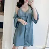 Mulheres Sleepwear Twinset Robe Set Mulheres Nightgown Loungewear Lace Bathrobe Vestido Nightdress Sleep Suit Verão Senhora Cetim Kimono Homewear