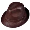 Sombreros de ala ancha Moda Cuero real Caballero Fedora Sombrero Hombres Otoño Invierno Sólido Negro Vintage Papá Chapeau Cowhide Cap Panamá Jazz269E