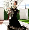 Svart sammet albanska kaftan sjöjungfru aftonklänningar rufsar puffy långärmad spets applikation arabisk prom klänning