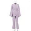 Vêtements de nuit pour femmes Femmes Pyjamas Ensemble Coton Doux Robe de nuit à manches longues avec ceinture Pantalon 2 pièces Costume Kimono Style Ensembles assortis