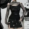 Women's T Shirts Goth Dark Frayed Mall Gothic Hollow Out T-shirts Grunge Punk Fishnet Patchwork Women Blouses Sexy Long Sleeve Alt