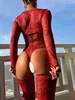 Sexy Set Leopard Bodysuit with Stocking Deep v Lace Up Body Red Seamless Long Sleeve Top Sexy Rompers Garter 3 Piece Outfit 230808