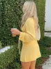 Casual Dresses BOOFEENAA Lace Up Backless Long Sleeve Short Womens Sweater Dress Yellow Knitwears Vacation Outfits Cute Girls C16-FI33