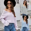 Women's Sweaters Purple Color Knitted Loose Pullovers Sweater Full Sleeves V-Neck Elegant Hollow Out Jumpers Tops Clothes