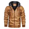 Men's Fur Coat Zipper Jacket EU Windbreaker Hooded Winter Motorcycle Size Leather Thick Men Male Fashion Brown Outwear 5XL