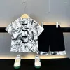 Etnisk kläder Summer Fashion Green Black Tang Suit For Boys Casual Children's Style Feather Printed Short Sleeve Top Pants