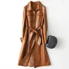 Women's Leather 2023 Coat äkta jacka Kvinnor Vintage Natural Sheepskin med Belt Long Spring Autumn Trench Female 28214