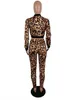 Leopard tryck två stycken byxor Kvinnor Casual Zip Cross Top och Legging Set Tracksuits Free Ship