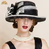 Berets Summer Black and White Elegant Linen Fedora Hats Lady Fashion Fedoras Hat Women Floppy Wide Brim Cloche Hat Flax Linen B-8150 230926