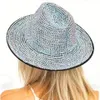 Rhinestone Fedora Hats For Women Men Flat wide Brim Wool Felt Jazz Hats Handmade Bling Studded Party Hat2156