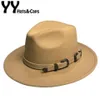 Winter Panama Hut Frauen Elegante Filz Kappen Männlichen Vintage Trilby Hut Breiter Krempe Fedora CAPS mit Gürtel Chapeau Homme Feutre YY18016200z