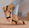 Zapatos de vestir Mujer Verano Estilo Regional Impreso Correa Elástica Ligera Romana Sandalias Para Mujer Casual Punta Redonda Plana