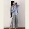 Roupas étnicas 2023 verão elegante fivela azul solta manga longa top blusa saia chinês tradicional tang terno para mulheres doce ao dai