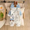 Rompertjes Herfst Baby Meisje Jongen Leuke Cartoon Capuchon Lange Mouw Rits Jumpsuit geboren Honderd Dagen Kruipen Kleding E2301 230925